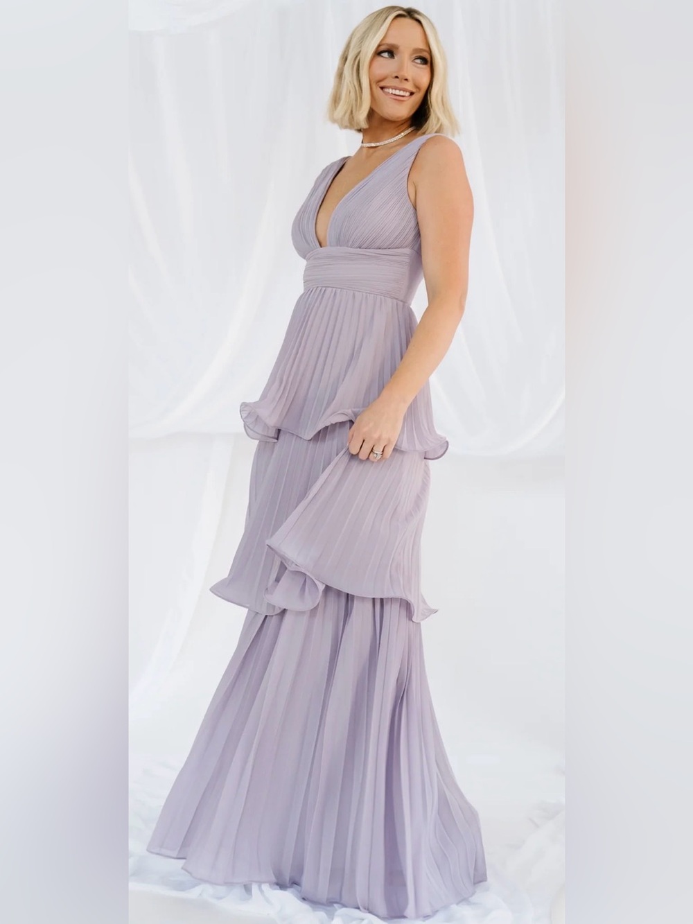Baltic Born Sz Large Saphira Tiered Pleated Maxi Dress Lavender NWOT